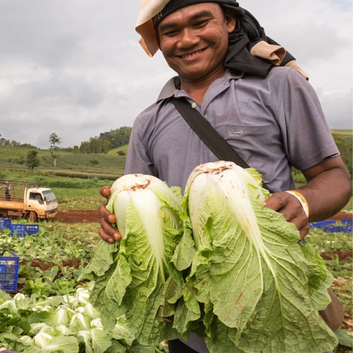 Smilende person viser frem to store nyhøstede kinakåler ved en åker.